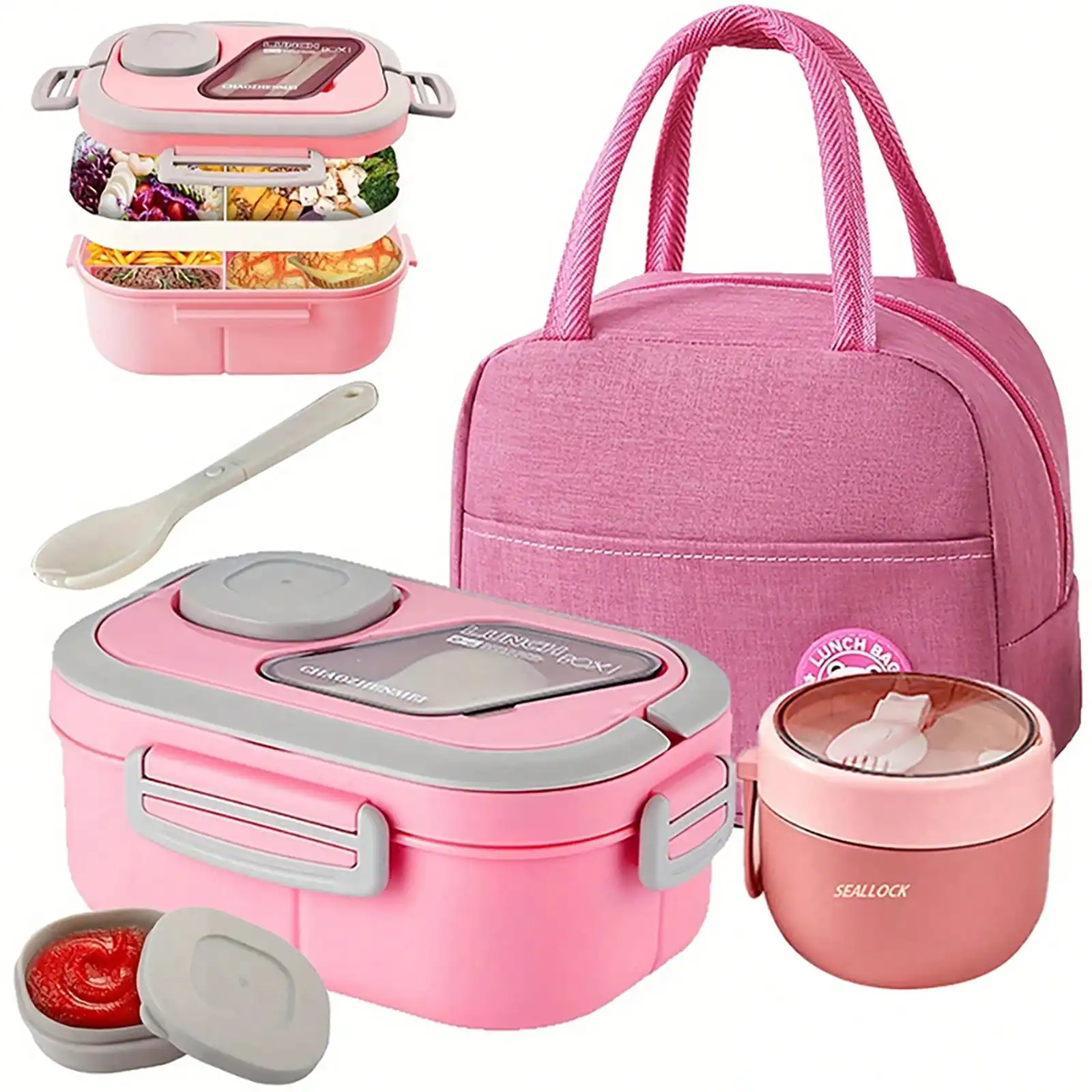 Food Snacks For Picnic - 2-Layer Multi-Compartment Insulated Lunch Box Set: